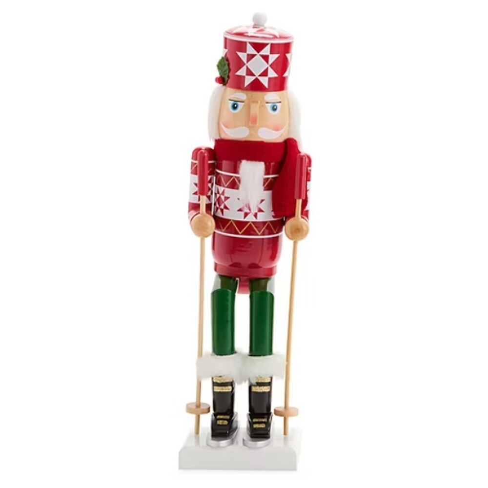 Wooden Christmas Nutcracker, 14", WHITE MALE SKIER RED & WHITE WITH SKIS 166,NP